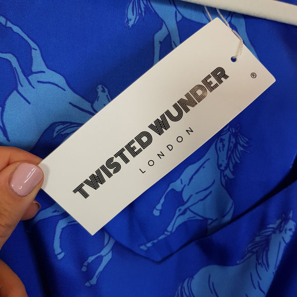 Twisted Wunder Christine Horse Print Mini Dress UK 22 Blue Satin Funky Plus BNWT - Picture 8 of 14